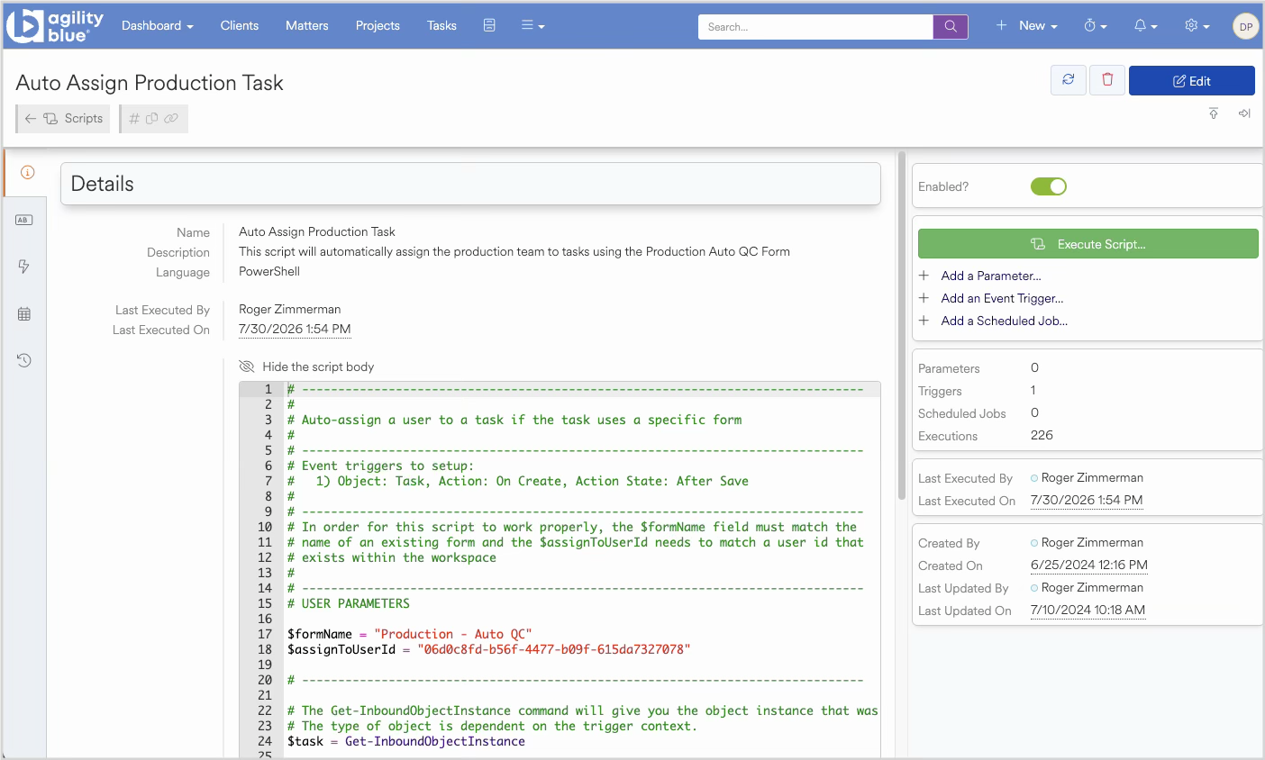 Script details for auto-assigning tasks using PowerShell in Agility Blue platform.